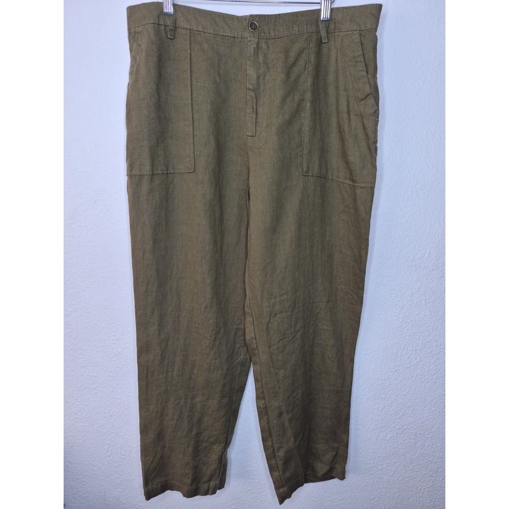Nicole Miller Olive Green 100% Linen Pants Womens High Rise Ankle Tapered XL